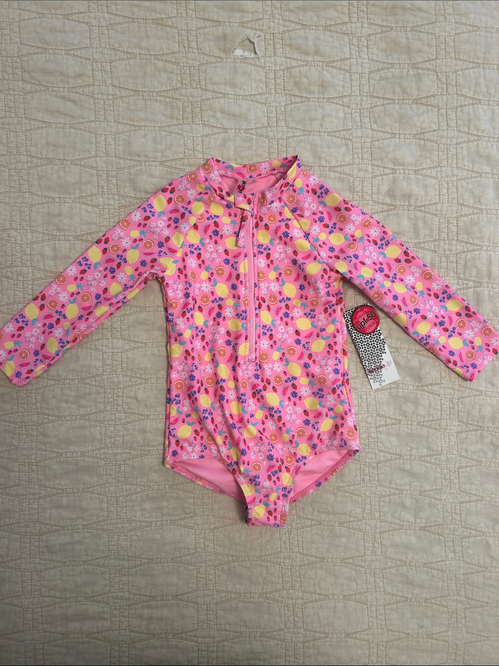 Kensie Girl Pink Floral Zip-Front Long Sleeve Rashguard Swimsuit